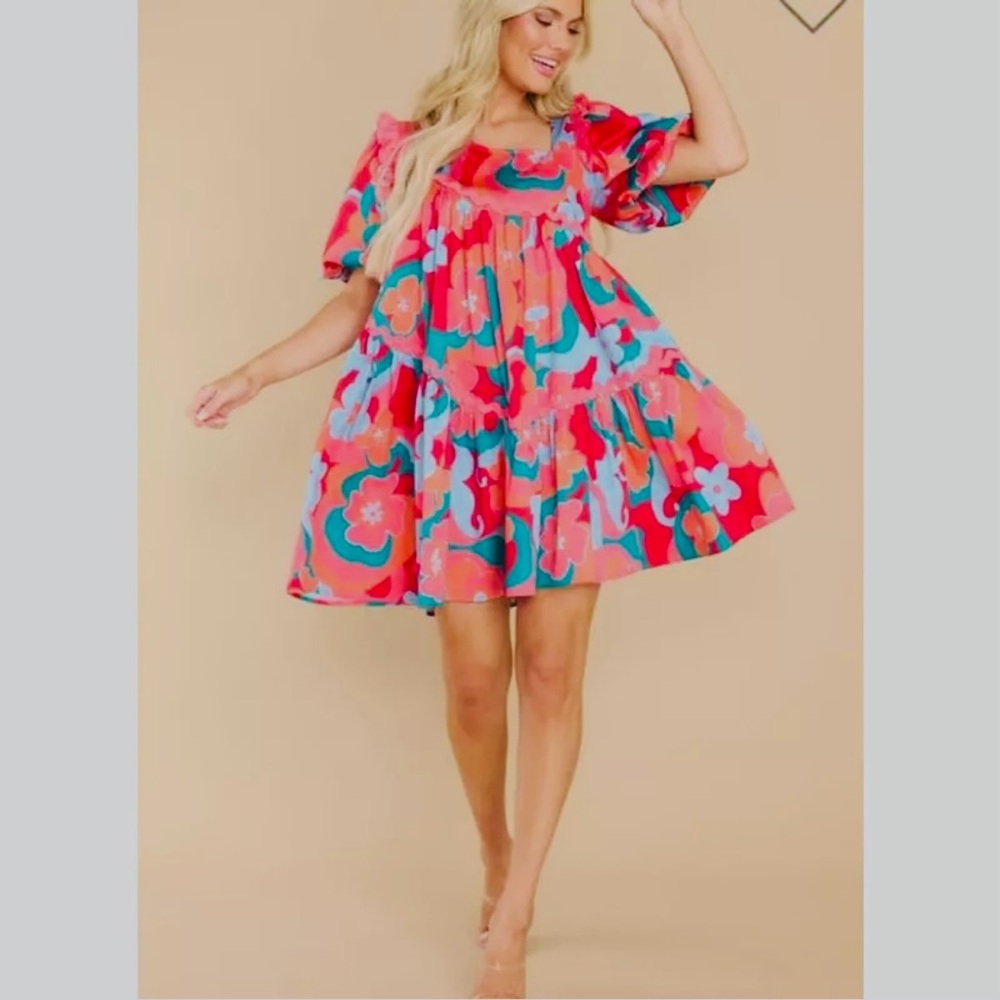 Floral Puff-Sleeve Mini Dress in Coral Multi